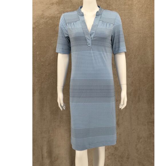 Grayson Dress Womens Medium Blue Stripe Dots Shift V-Neck Office Work‎ Travel - Picture 1 of 10